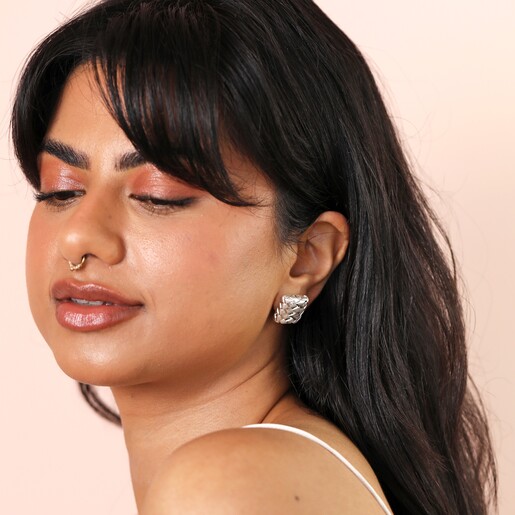 Model Shot Square Woven Stud Earrings in Silver on model