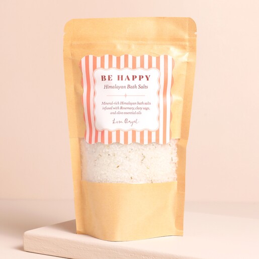 Be Happy Himalayan Bath Salts with Rosemary, Clary Sage & Olive Oil Be Happy Himalayan Bath Salts with Rosemary, Clary Sage & Olive Oil on a neutral colour background