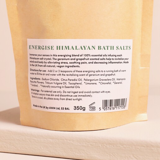 Energise Himalayan Bath Salts with Geranium, Grapefruit and Vitamin E back of pack with ingredients list