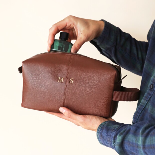 Men's Personalised Tan Embroidered Initials Wash Bag