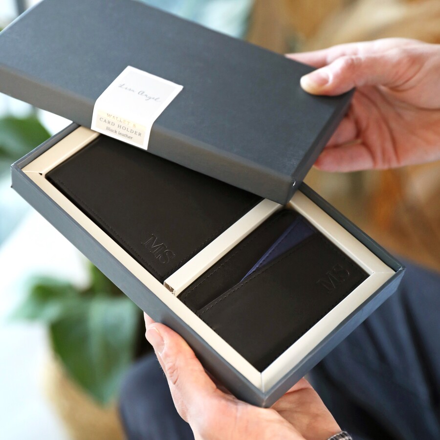 Personalised Men s Leather Wallet and Card Holder Gift Set in Black