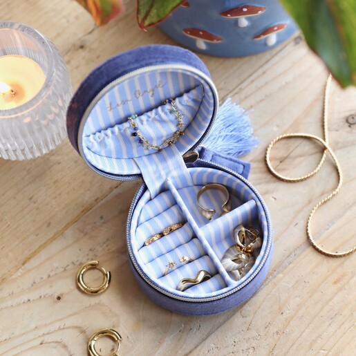 Dusky Blue Velvet Circular Jewellery Case With a Toadstool and Star Embroidered Emblem  Dusky Blue Velvet Circular Jewellery Case With a Toadstool and Star Embroidered Emblem