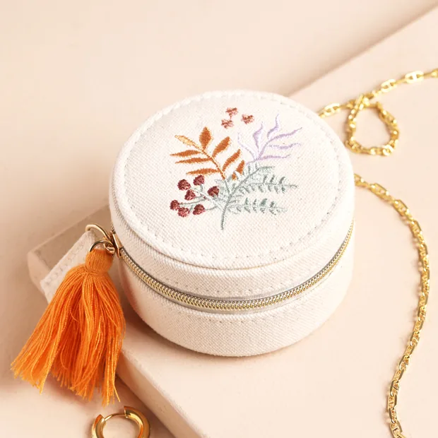 Embroidered Leaves Mini Round Linen Travel Jewellery Case Embroidered Leaves Mini Round Linen Travel Jewellery Case
