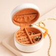 Orange Velvet Interior and Sections Inside Embroidered Leaves Mini Round Linen Travel Jewellery Case