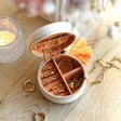 Inside Embroidered Leaves Mini Round Linen Travel Jewellery Case with Jewellery