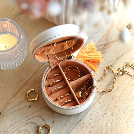 Inside Jewellery Case  Inside Embroidered Leaves Mini Round Linen Travel Jewellery Case with Jewellery