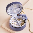 Striped Fabric With Several Storage Compartments Inside Moonrise Mini Round Velvet Travel Jewellery Case in Blue