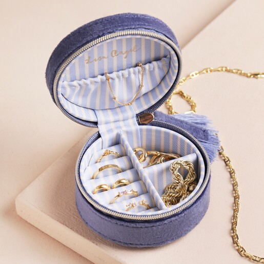 Inside of Jewellery Case Striped Fabric With Several Storage Compartments Inside Moonrise Mini Round Velvet Travel Jewellery Case in Blue