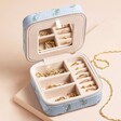 Jewellery Stored Inside Moonrise Square Linen Travel Jewellery Case in Blue