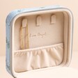 Hidden Necklace Hooks Behind Lift Out Mirror in Moonrise Square Linen Travel Jewellery Case in Blue