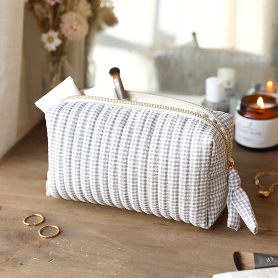 Small Grey Gingham Linen Wash Bag