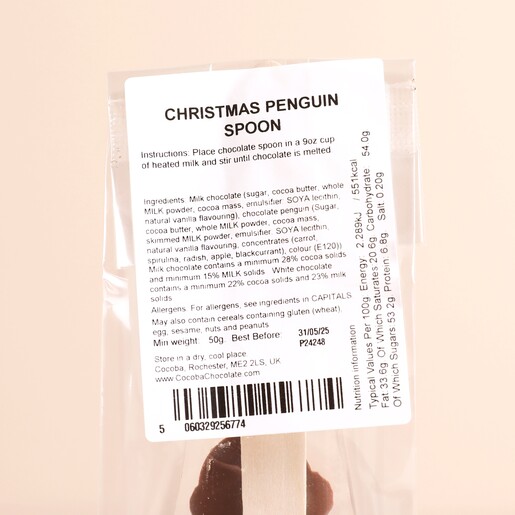 Ingredients List for Cocoba Christmas Penguin Milk Chocolate Hot Chocolate Spoon