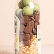 Close Up of the Chocolate Sprouts Popcorn Kit with chocolate buttons and brussels sprouts