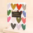 Caroline Gardner Multi Coloured Hearts Happy Birthday Card on a Beige Background. 