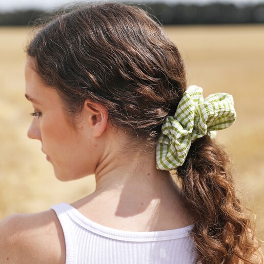 Green Gingham Hair Scrunchie on Model