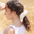 White Sheer Lace Floral Hair Scrunchie on Model