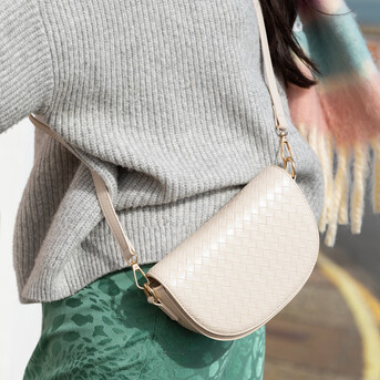 Woven Vegan Leather Half Moon Crossbody Bag in Beige