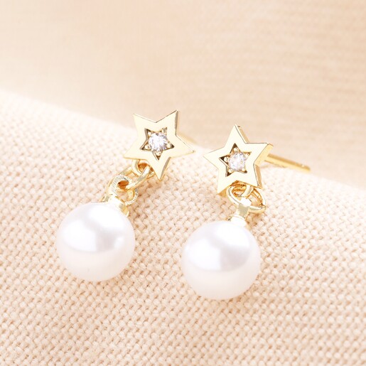 Pearl and CZ Star Drop Stud Earrings in Gold