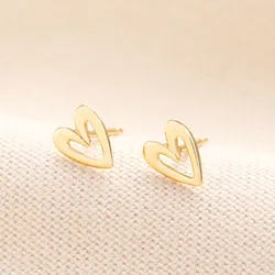 Sterling Silver Heart Outline Stud Earrings in Gold