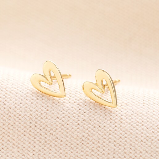 Gold Sterling Silver Heart Outline Stud Earrings Close Up