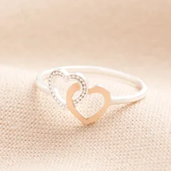 Sterling Silver Dotted Double Heart Ring in Rose Gold