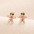 A charming pair of colourfu brown gingerbread stud earrings with multiple colourful crystals for the buttons and eyes.