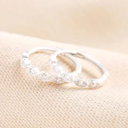 Sterling Silver Scalloped Edge Crystal Huggie Hoop Earrings
