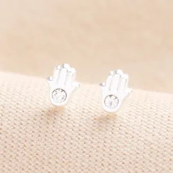 Sterling Silver Hamsa Hand Crystal Stud Earrings