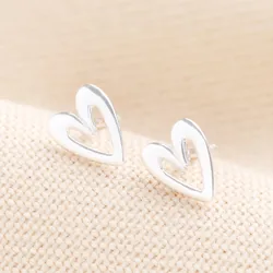 Sterling Silver Heart Outline Stud Earrings in Silver