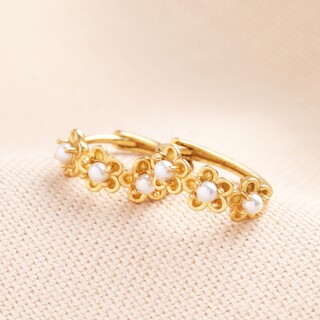 Sterling Silver Pearl Flower Huggie Hoop Earrings in Gold