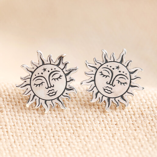 Close Up Sterling Silver Sunshine Face Stud Earrings Close Up