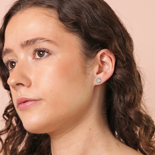 On Model Sterling Silver Sunshine Face Stud Earrings on Model