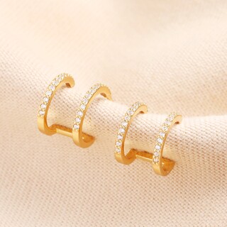 Sterling Silver Double Illusion Crystal Huggie Hoop Earrings in Gold