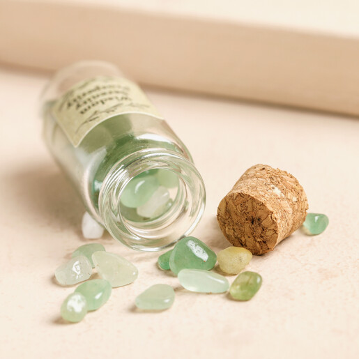Crystals Spilling From Bottle Crystals Inside East of India Bottle of Green Aventurine Crystals