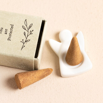 East of India Matchbox Porcelain Angel and Incense Cone