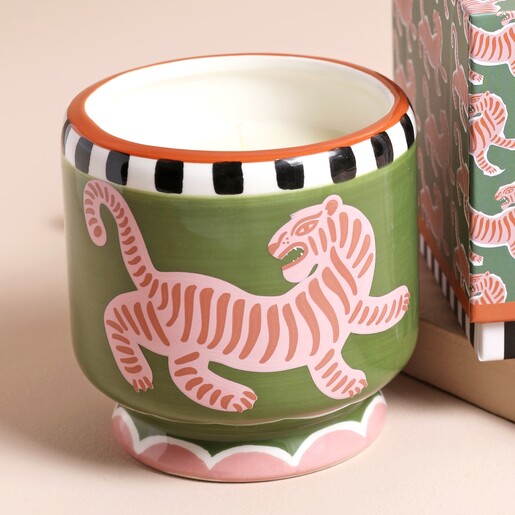 Close Up Close Up of Tiger Ceramic Candle Black Cedar and Fig