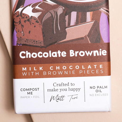 Close Up of front of packaging Gnaw Chocolate Brownie Milk Chocolate