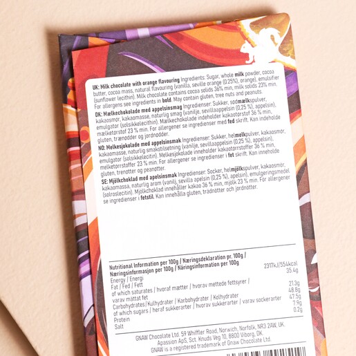 List of Ingredients for the Seville Orange Chocolate Bar on the back of package