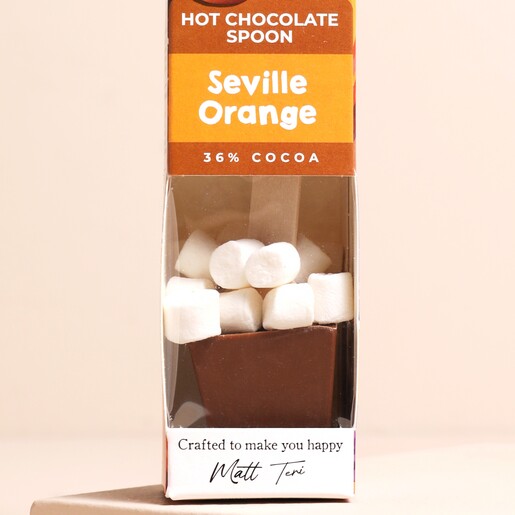 Close Up of Gnaw Seville Orange Hot Chocolate Spoon with Marshmallows 