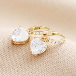 Crystal Heart Huggie Hoop Earrings in Gold