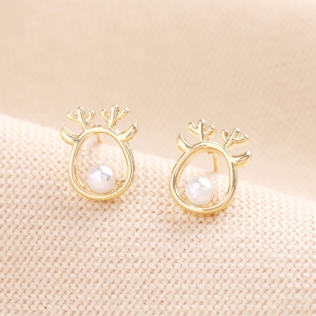Pearl Reindeer Stud Earrings in Gold