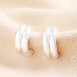 Double Ridge Hoop Earrings in Silver