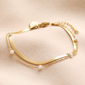 Gold Stainless Steel Herringbone and Pearl Double Chain Bracelet