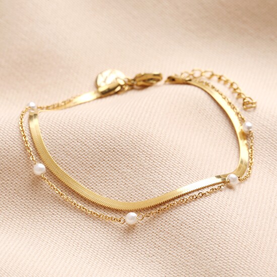 Stainless Steel Herringbone Pearl Double Chain Bracelet in Gold