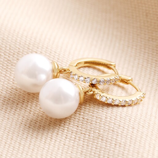 Pearl Drop Crystal Huggie Hoop Earrings in Gold | Jewellery