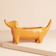 An orange dachshund dog shaped standing planter