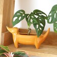 An orange dachshund dog shaped standing planter situated on a shelve with a small plant inside