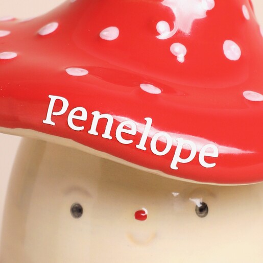 Close Up of Personalisation Close Up of Personalised Name Ceramic Toadstool Money Box