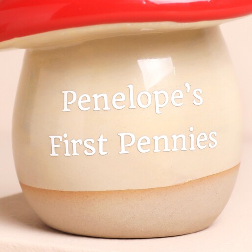 Close Up of Personalisation Close Up of Personalised Message Ceramic Toadstool Money Box