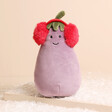 Jellycat Vivacious Red Toastie Aubergine Soft Toy on a white background with red earmuffs and a green top